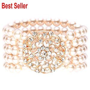 Imitation Pearl Bracelet with Austrian Crystals, 5-Row Stretch Design